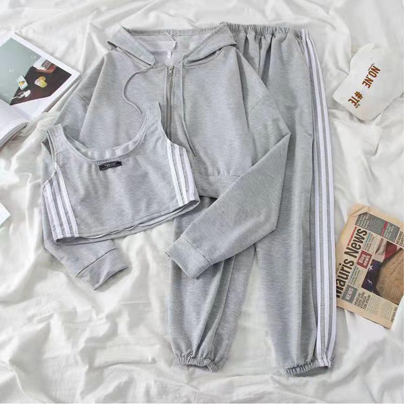 3PCS Casual Sport Anzug Frühling und Sommer Koreanische Version Mit Kapuze Pullover Jacke Weste Jogging Jogginghose frauen Drei-stück Anzug Athletic Girl S grau