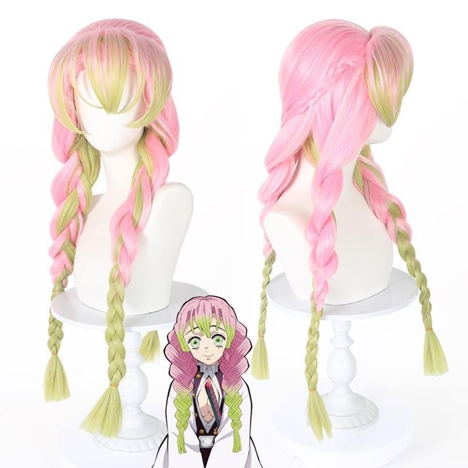 Synthetische Perücke Kimetsu No Yaiba Kanroji Mitsuri Cosplay Perücke Kopfbedeckung Weiblich Rosa Grün Farbverlauf Fett Geflochtene Haar Perücke Kopfbedeckung 85cm