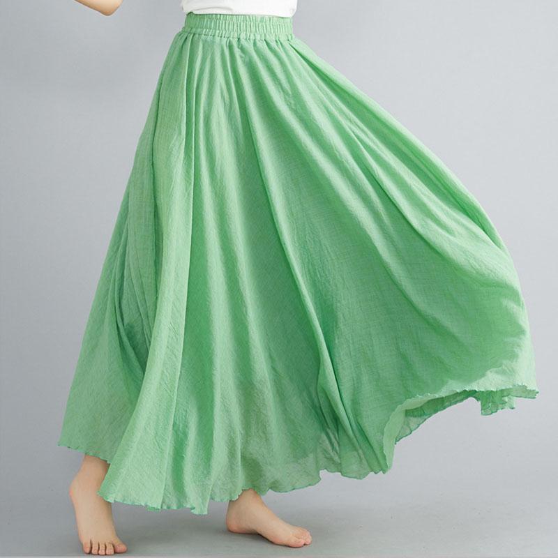 Sommer Herbst Damen Rock Literarisch Große Baumwolle Leinen Halbrock Elastische Taille Leinen A-Linie Rock Langer Abschnitt Reine Farbe Wind Swing Rock M apfelgrüne