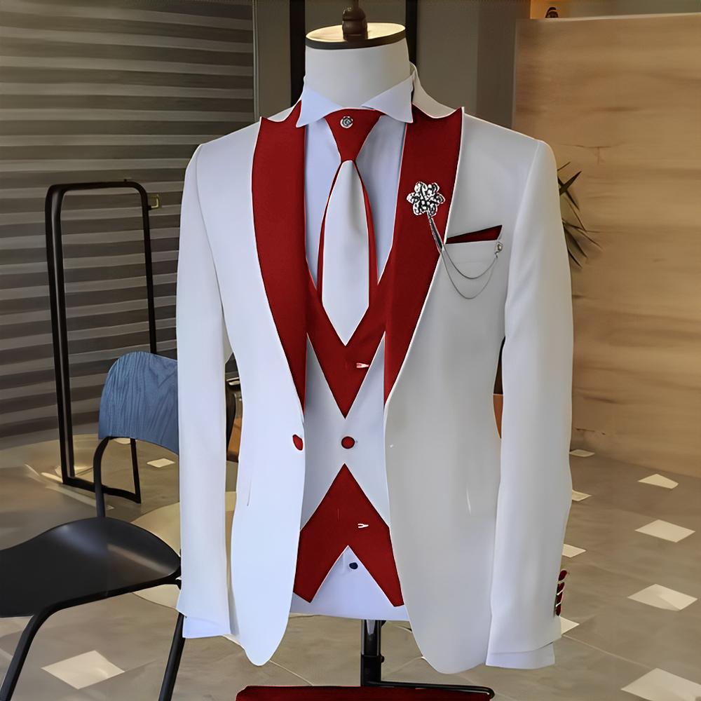 Kostüm Weiß Herren Anzüge Schwarzer Spitzaufschlag Hochzeits Smoking Terno Masculino Abschlussball Bräutigam 3-teilige Schmale Passform Blazer-Sets für Herren 6XL rot