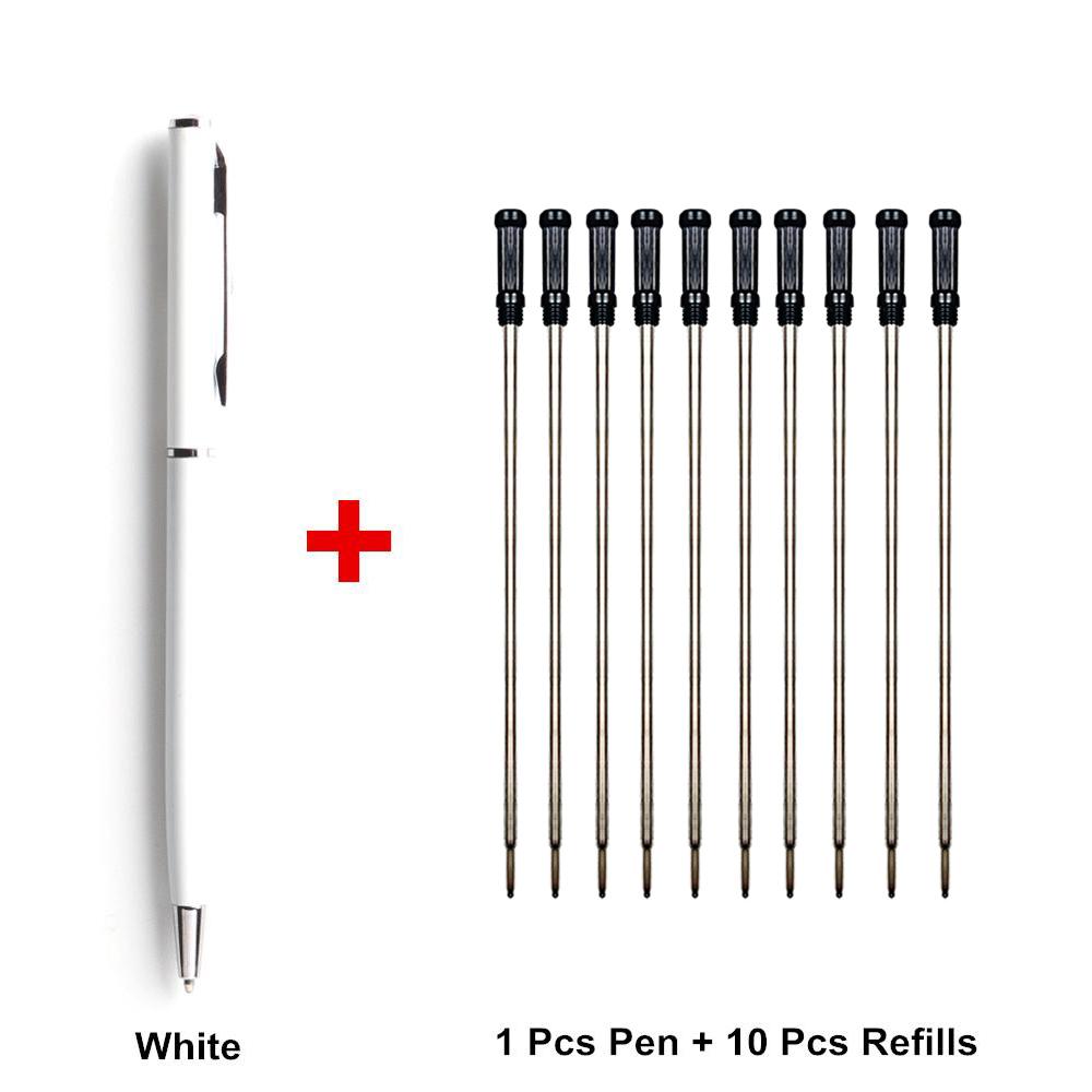 1 Stift + 10 Minen. Metall-Kugelschreiber mit Minen für das Schulbüro. Edelstahlmaterial. Drehbare Stifte für Schreibwaren 11 Pcs White Set schwarz