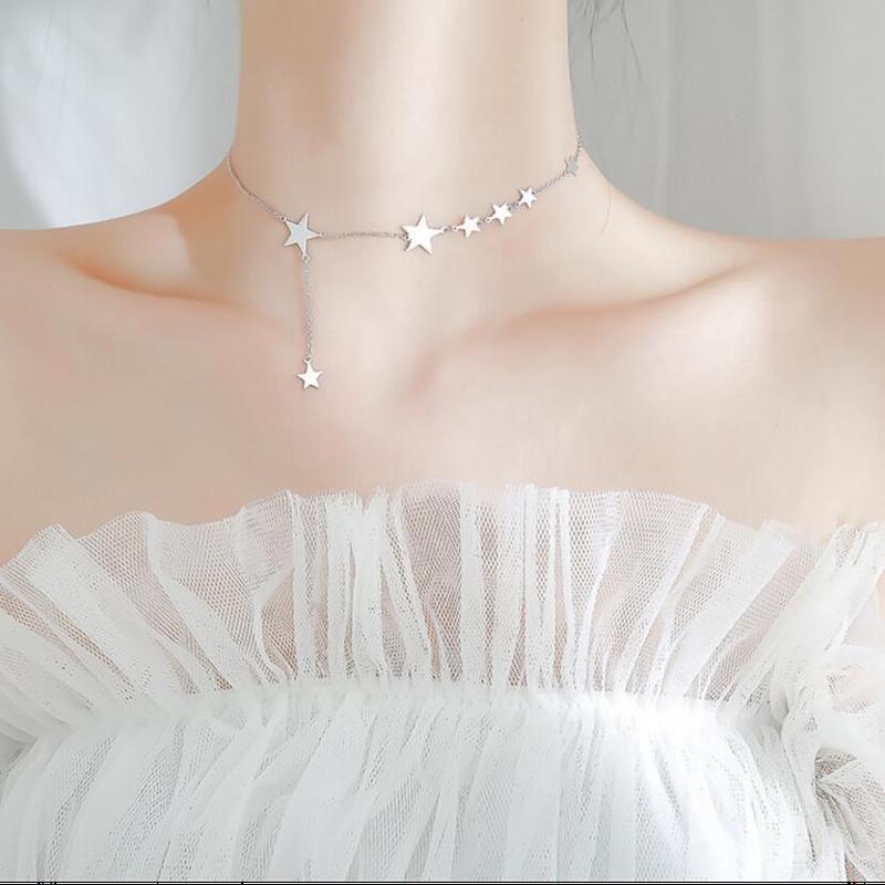925 Sterling Silber Romantische Multi-Stern-Halskette Zarte Kurze Kette Halskette Für Frauen Collares Colar De Prata Choker-Halskette beige