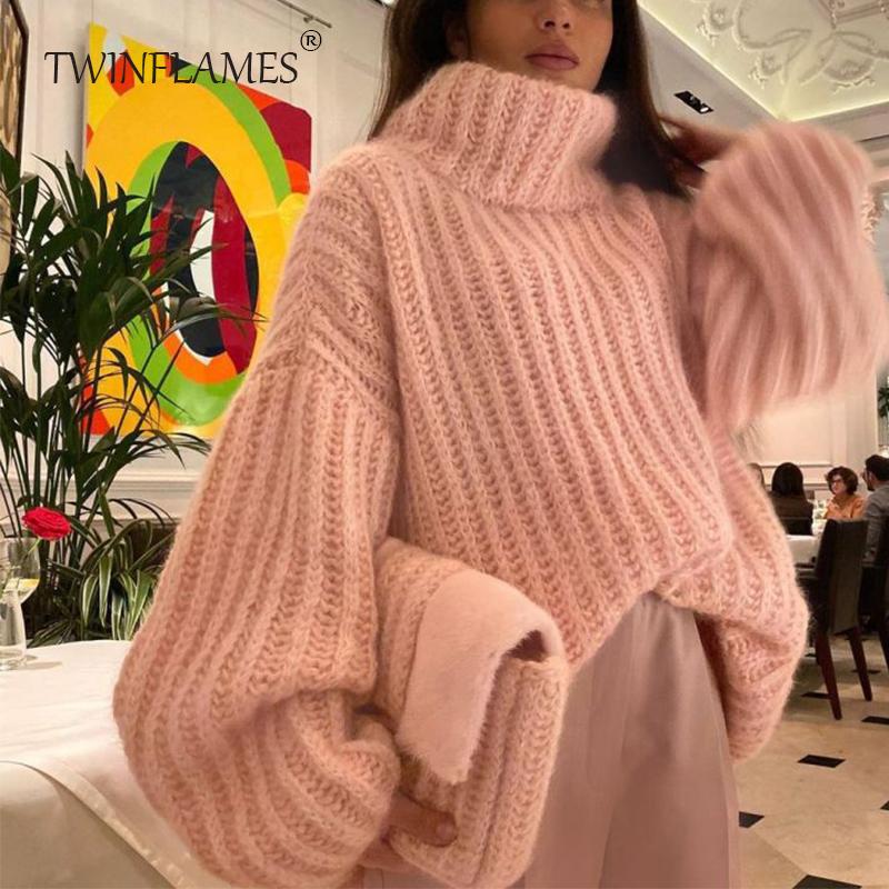 Rollkragen Stricken Pullover Frauen Herbst Winter Warme Übergroßen Flauschigen Pullover Dame Langarm Pullover frauen Tops One Size rosa