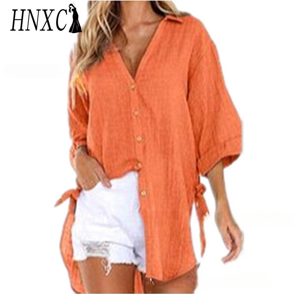 HNXC Damenmode Lässig Einfarbig Druck Langarm POLO Kragen Blusen & Hemden L orange
