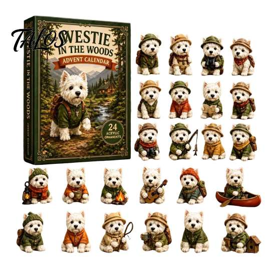 Adventskalender für Kinder Westie im Wald Kalender, 24-Tage Weihnachts-Countdown Dekorative Acryl-Tierfiguren Hundefiguren-Set, West Highland A beige