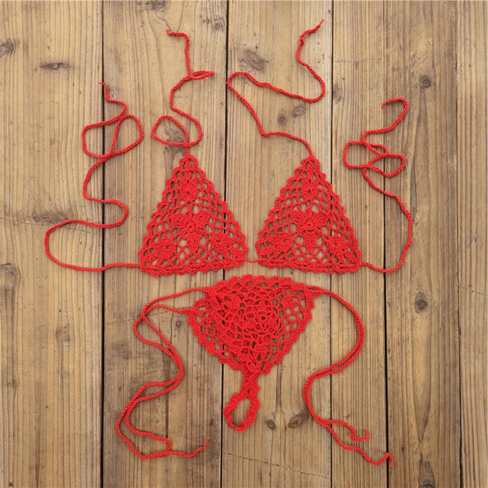 Handgefertigte Häkel-Bikini-Sets Badebekleidung Handgefertigter Badeanzug Weiß Damen-Bikini-Sets Netzstoff Seitenbändchen Design rot