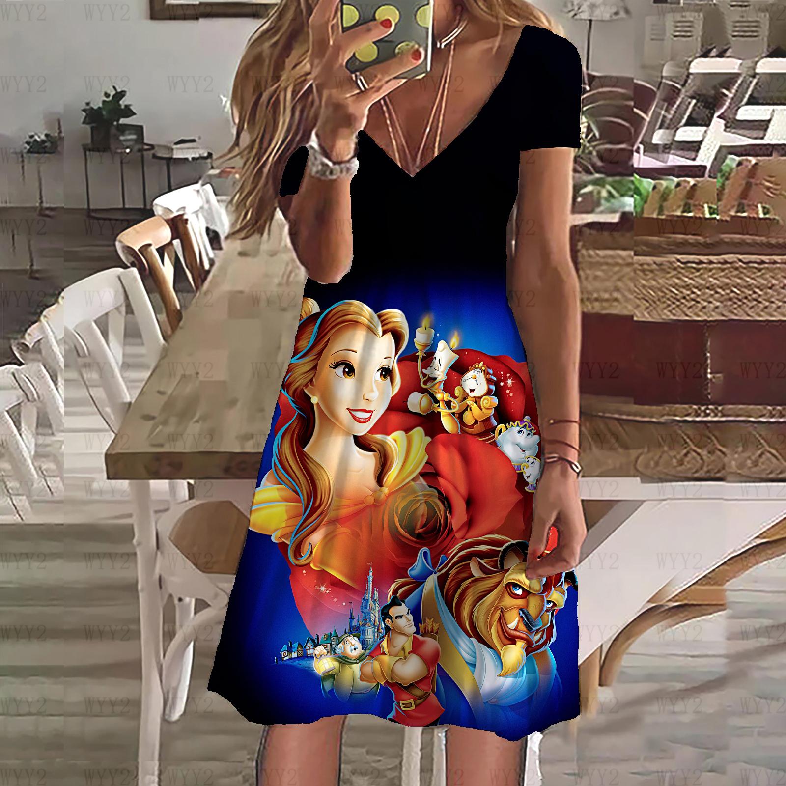 Neues Kleid Disney Die Schöne und das Biest Print Sommer Damen V-Ausschnitt Kurzarmkleid Damenkleidung Casual Street Style XS