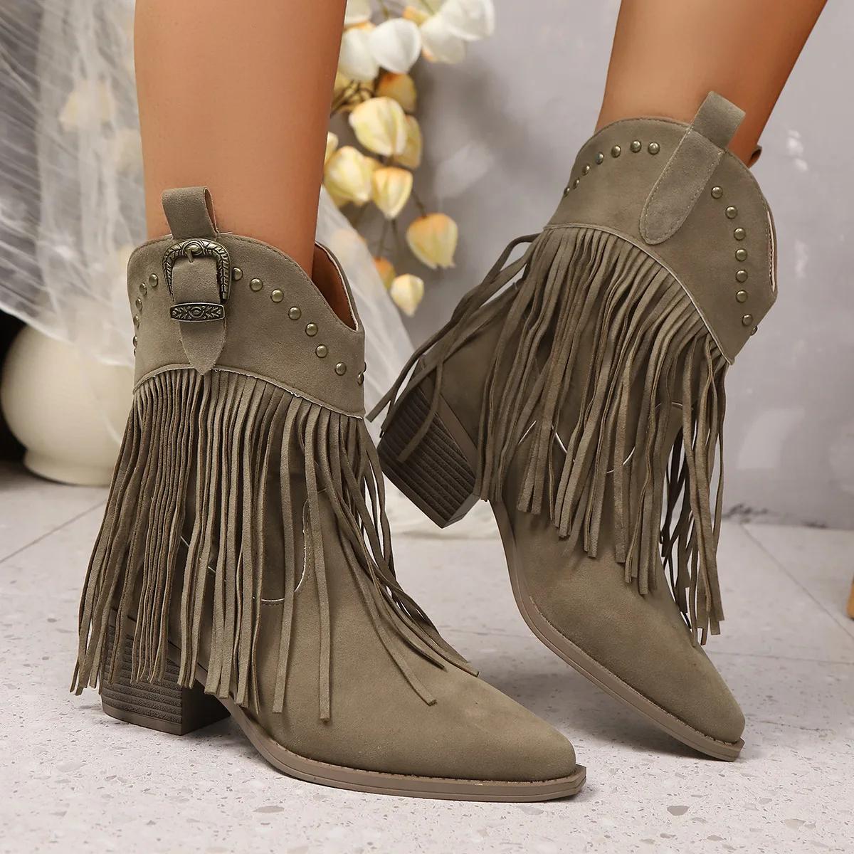 Mode Damen Stiefeletten Herbst Wildleder Chelsea Boots Spitz Zehen Quaste High Heel Schuh Niete Mode Retro Cowboy Stiefel Botas Mujer 38 grün