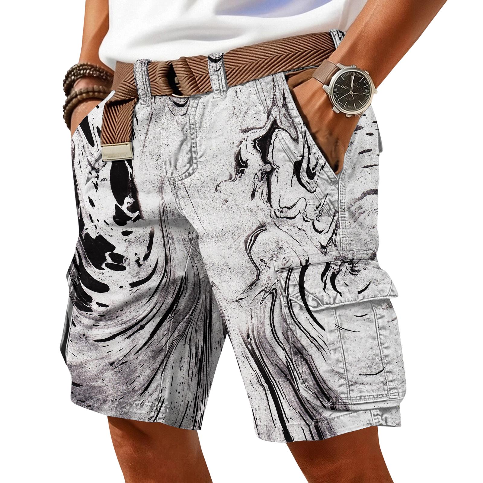 Herren Freizeit trendige bunte bedruckte Shorts - Herren Mehrzwecktaschen Arbeitskleidung Sportshorts L hellgrau
