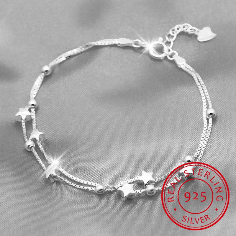 925 solide Echt Sterling Silber Mode Doppel Schicht Stern Perlen Armband 17 cm Für Frauen Mädchen Silber Schmuck