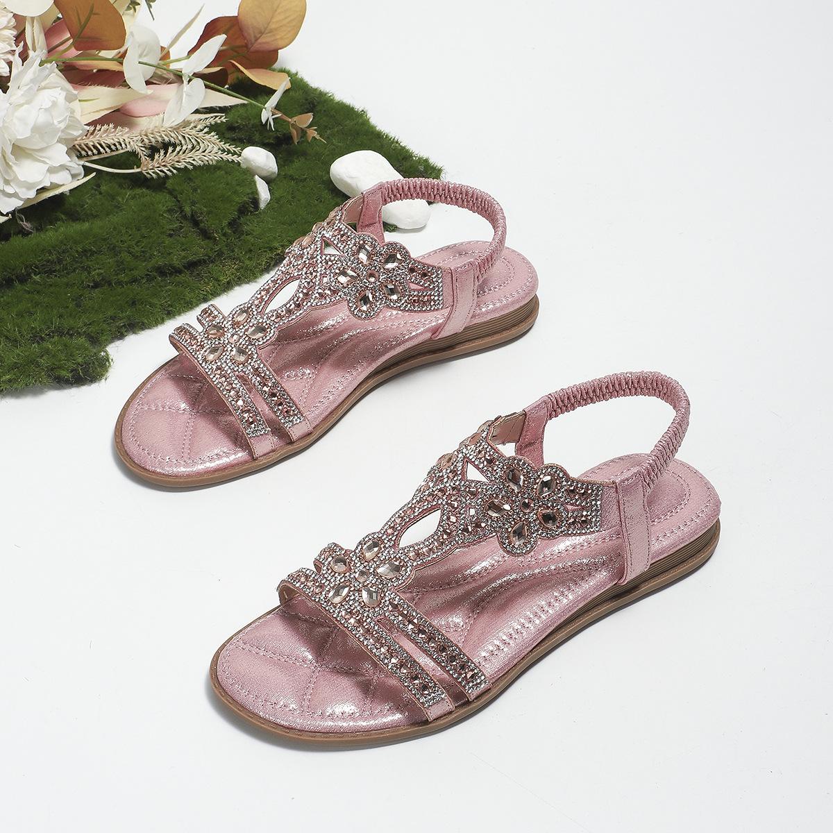 Mode Damen Übergröße hohle Sandalen Mode Strass flache Schuhe Böhmischer Stil bequeme Damenschuhe Sommer lässiger atmungsaktiver Schuh 40 glitzer