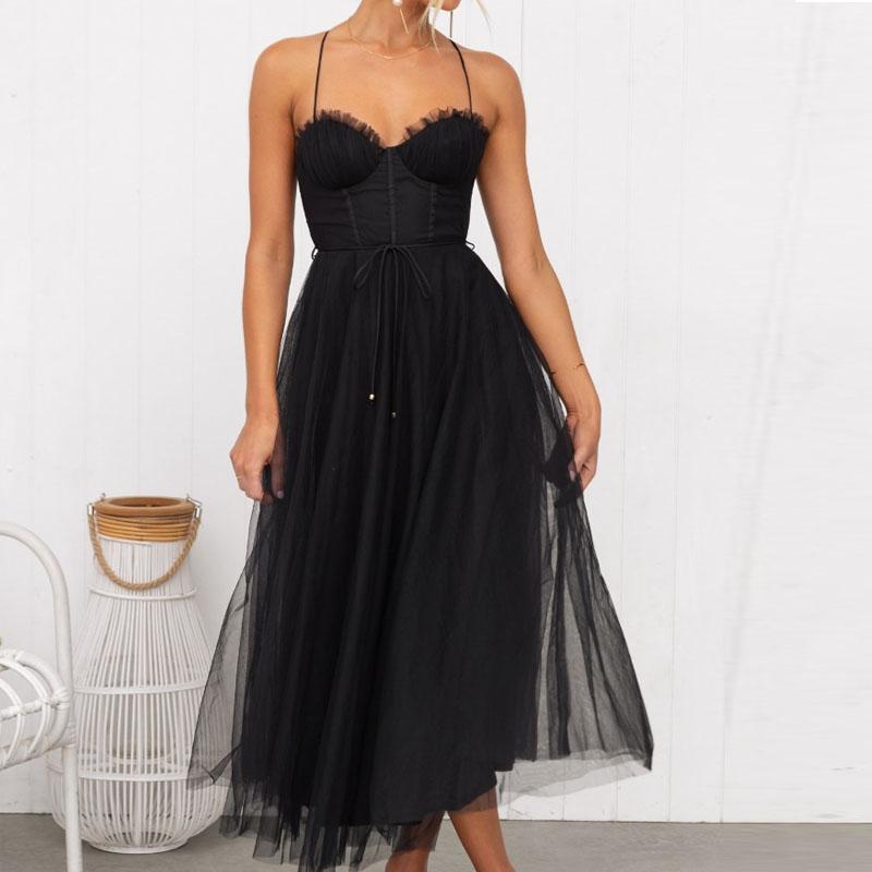 Damen Kleider Mesh Abendkleid Spaghettiträger Formelle Partykleid Kleid L schwarz