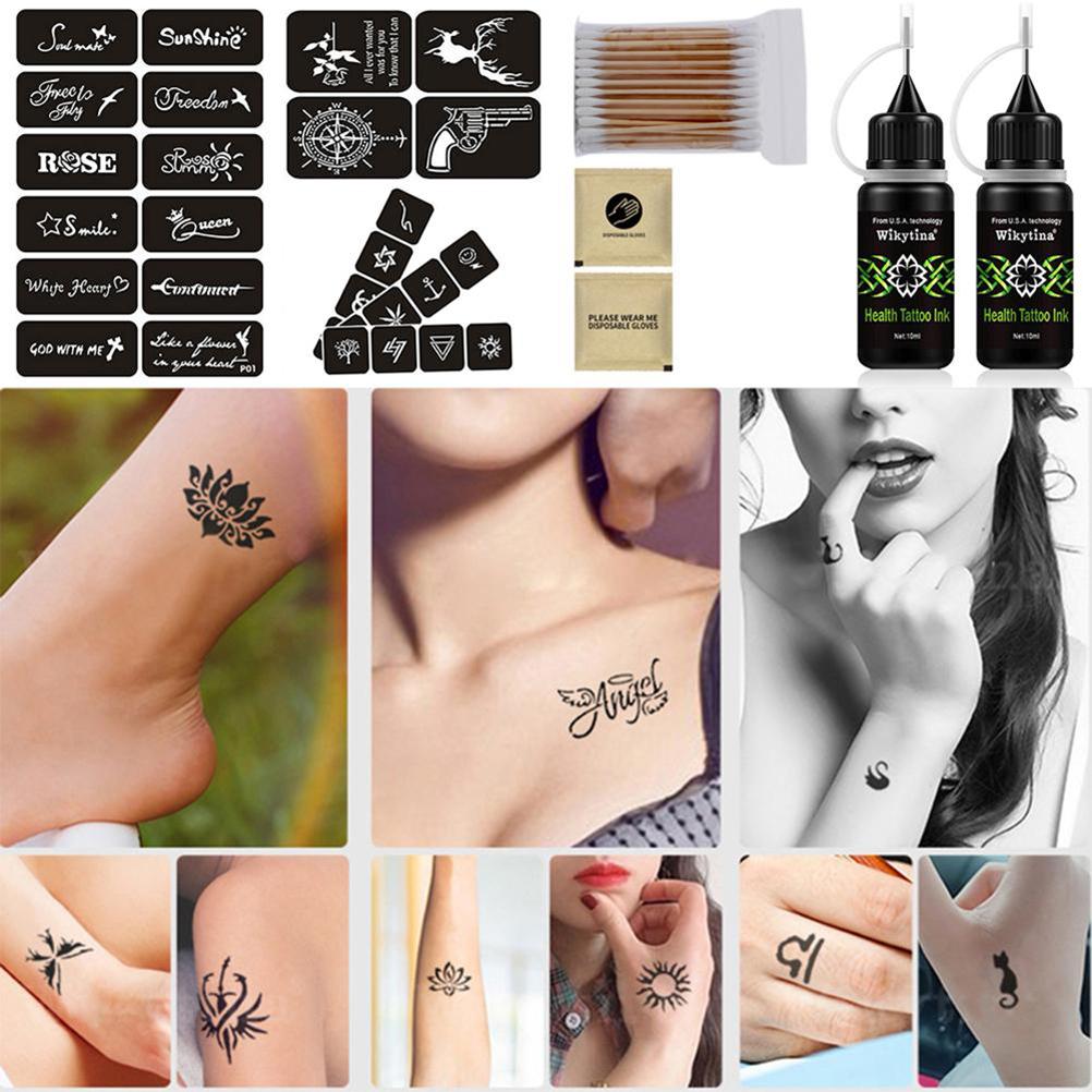 Temporäre Tattoos-Set, Tattoo-Gel-Tinten-Set mit Schablonen, DIY-Tattoos, gefälschte Sommersprossen, für Frauen, Kinder, Männer schwarz