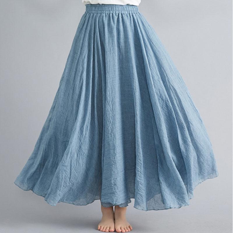 Sommer Herbst Damen Rock Literarisch Große Baumwolle Leinen Halbrock Elastische Taille Leinen A-Linie Rock Langer Abschnitt Reine Farbe Wind Swing Rock L blau