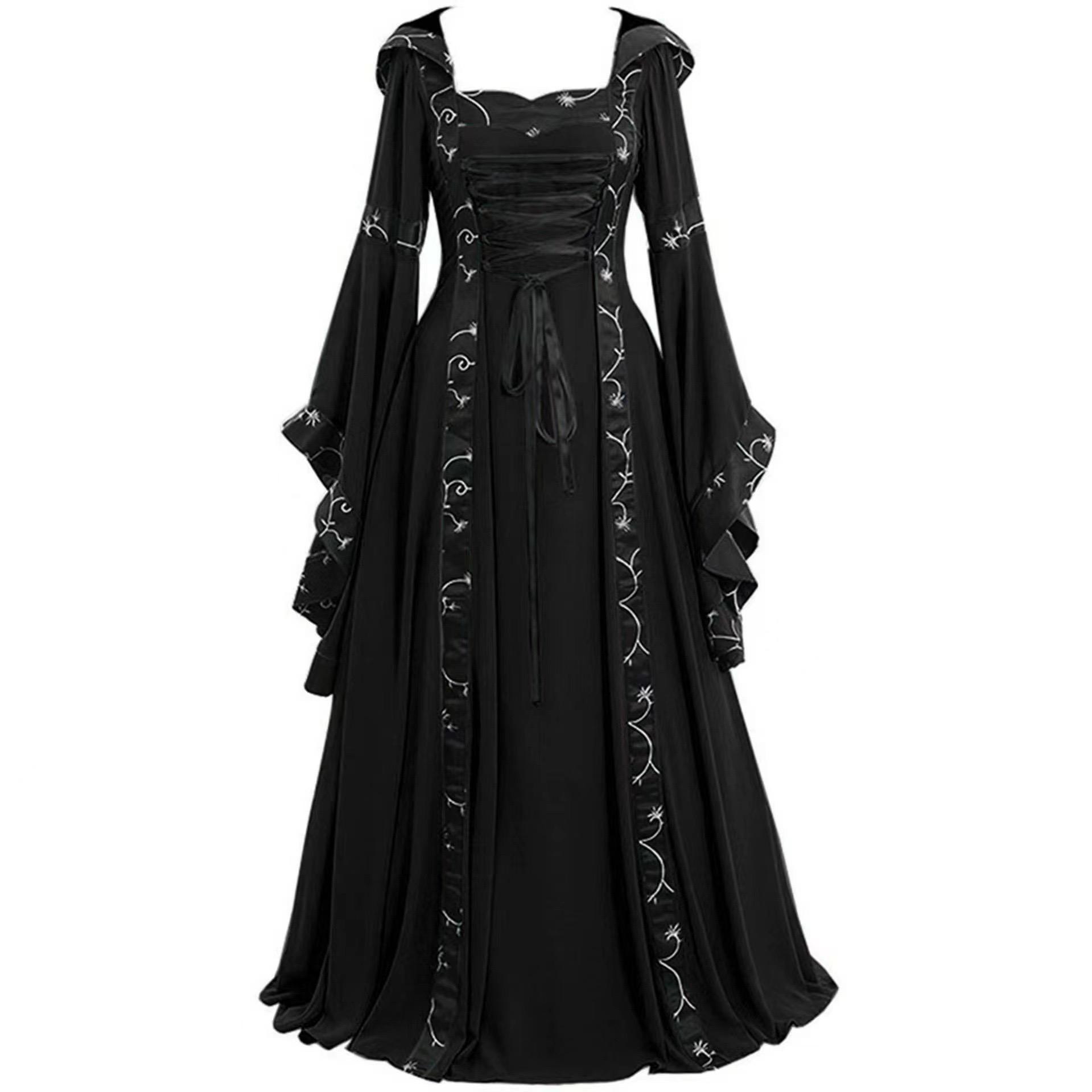 Übergröße 5XL Damen Mittelalterliches Bodenlanges Kleid Cosplay Kostüme Langglockenärmel Schnürung Prinzessin Langes Kleid Retro Gothic Kleid XXL black