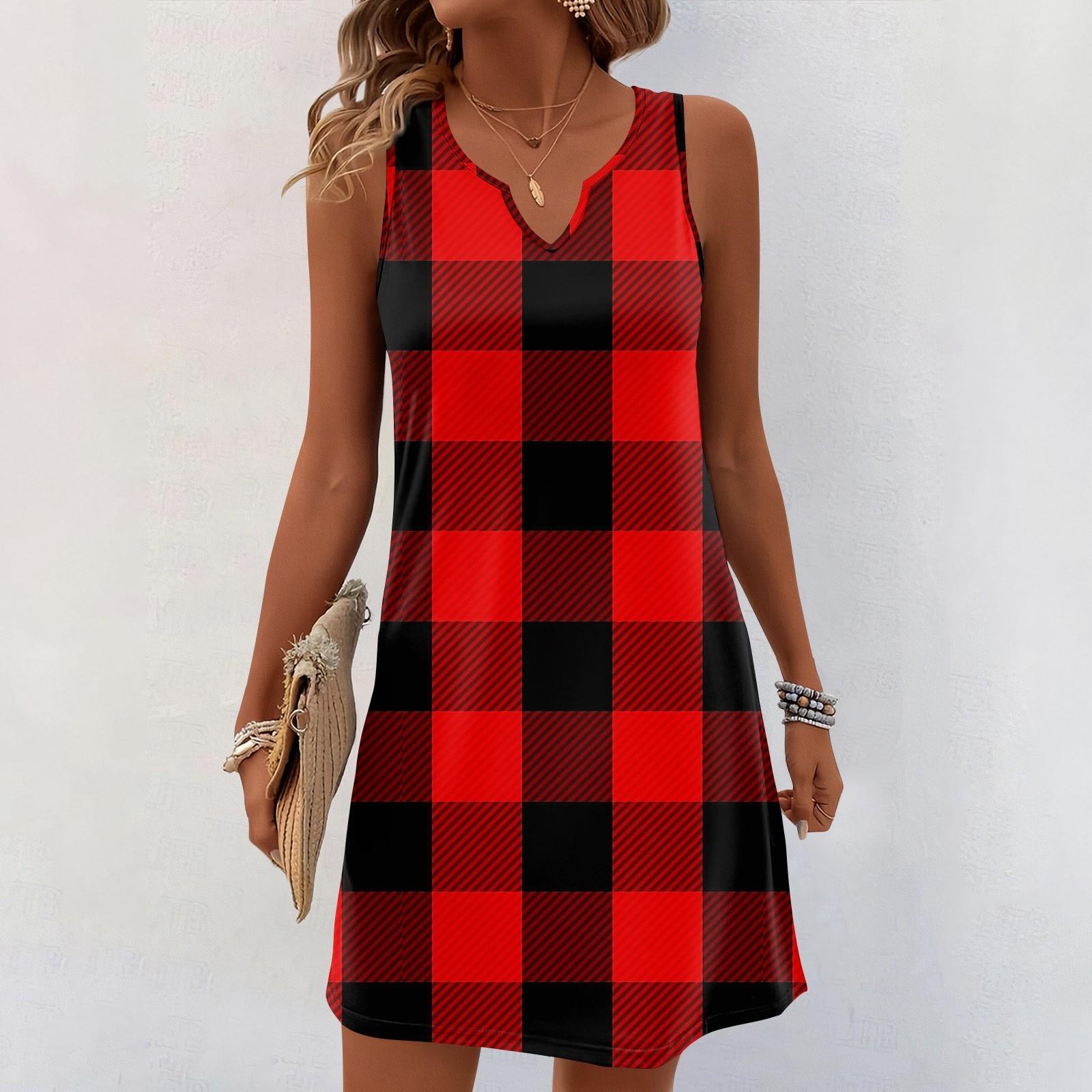 Damen Sommerkleider V-Ausschnitt Print Ärmelloses Sommerkleid Freizeitkleid L brown