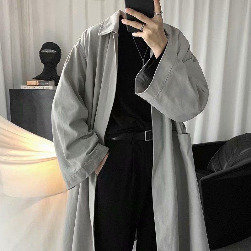 Frühling und Herbst Mid-länge Abschnitt Graben Mantel Männer All-match Lose Mantel Hong Kong Stil Persönlichkeit Knie-länge Jacke M grau