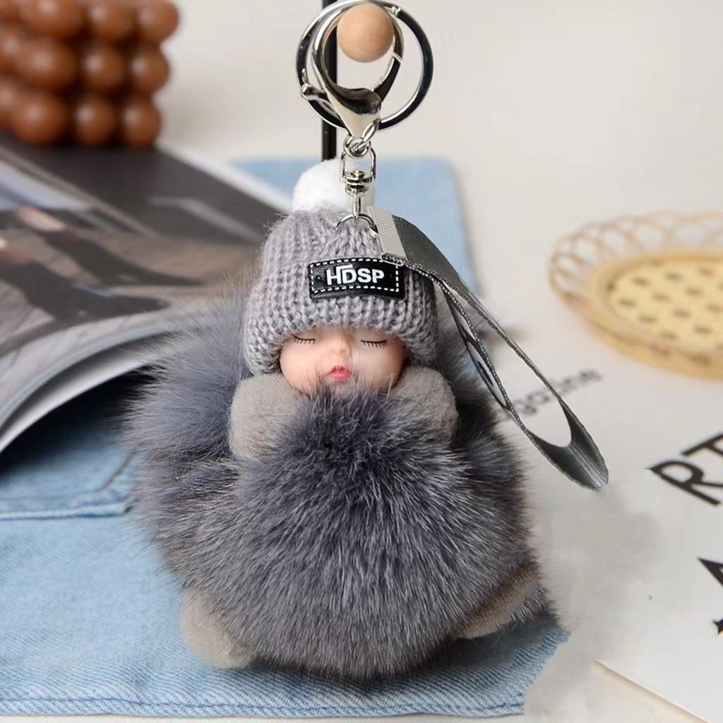 Neue Mode Nette Frauen Tasche Anhänger Plüsch Anhänger Schlaf Puppe Auto Schlüsselbund Anhänger Weihnachten Geschenk dunkelgrau