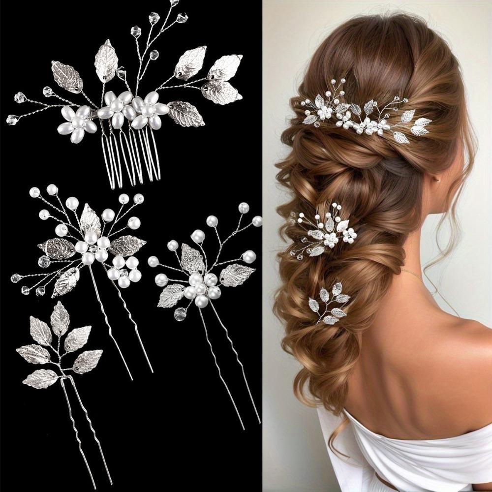 4 Stück/Set Perlenblumen-Haarnadel Braut-Haarkamm-Sets Hochzeits-Haarschmuck Goldene Blattlegierung Diademe Prinzessin-Haarspange Modeschmuck silber