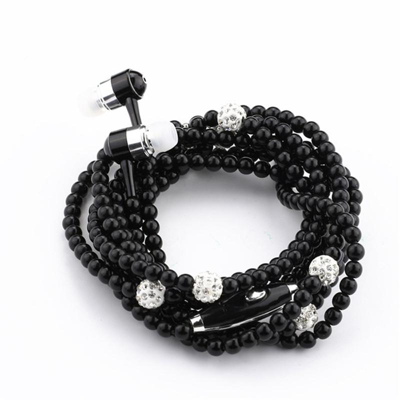 VAORLO Perlenkette Kopfhörer In-Ear Rosa Strass Halskette Schmuck Perlen Kopfhörer mit Mikrofon für Samsung Xiaomi Mädchen Geschenke schwarz