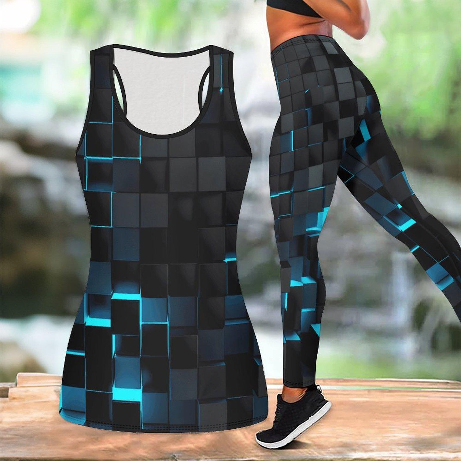 Cooles bedrucktes Yoga-Outfit für Damen Mode Trainingsleggings Fitness Sport Freizeit Yoga Set Sportanzug XXL blau