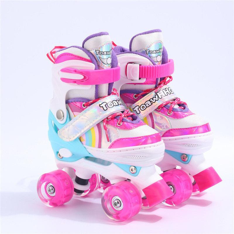 Doppelreihen-Vierrad-Rollschuhe Anfänger Kinder Erwachsene Profi-Schuhe Doppelschnallen-Rollschuhe S size 31-34 rosa