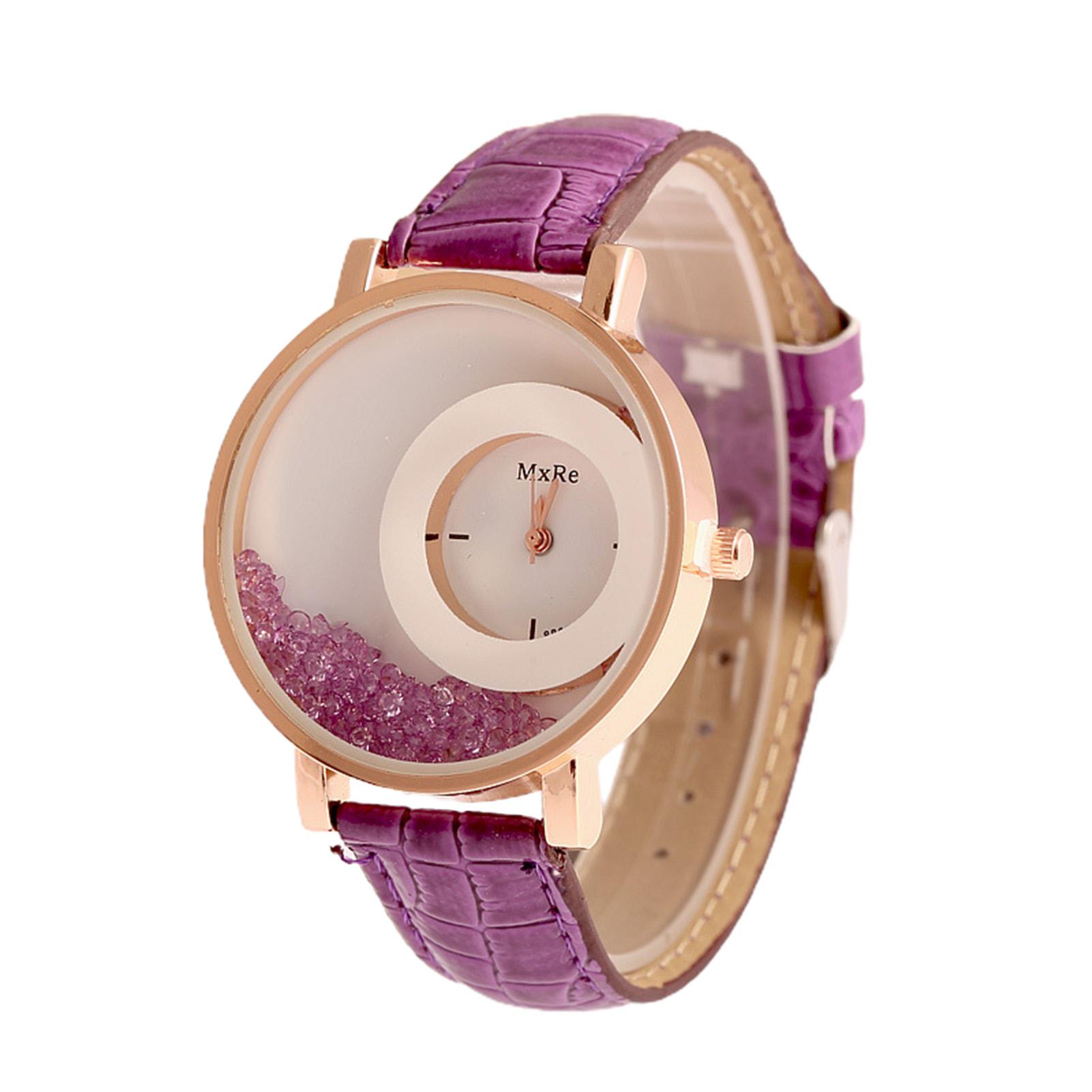 Lustige Uhr mit Quicksand-Strass-Design, rundem Zifferblatt, verstellbarem Kunstlederarmband, analogem Quarz, besondere Damenuhren violett