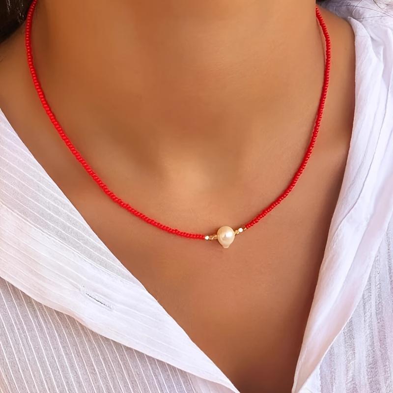 Bohemianischer Resort-Stil, Perlenkette aus Süßwasserperlen in vielen Farben, Elegante Accessoires für Damen, Kreative Geschenke für Liebende rot