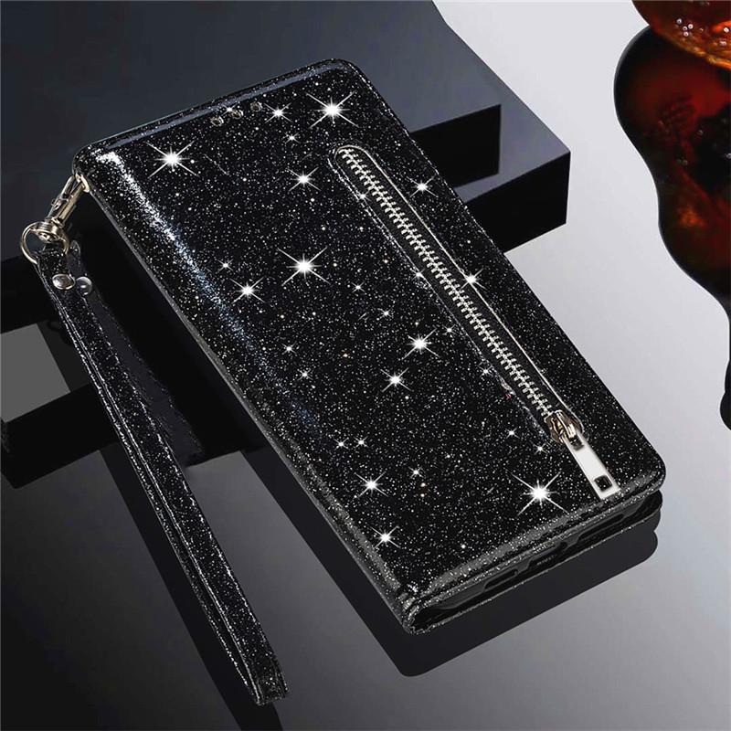 Glitzer Leder Hülle für Samsung Galaxy S26 S25 S24 Ultra S23 FE S22 S21 S20 S10 Plus Reißverschluss Flip Wallet Handyhülle Galaxy S24 Plus schwarz