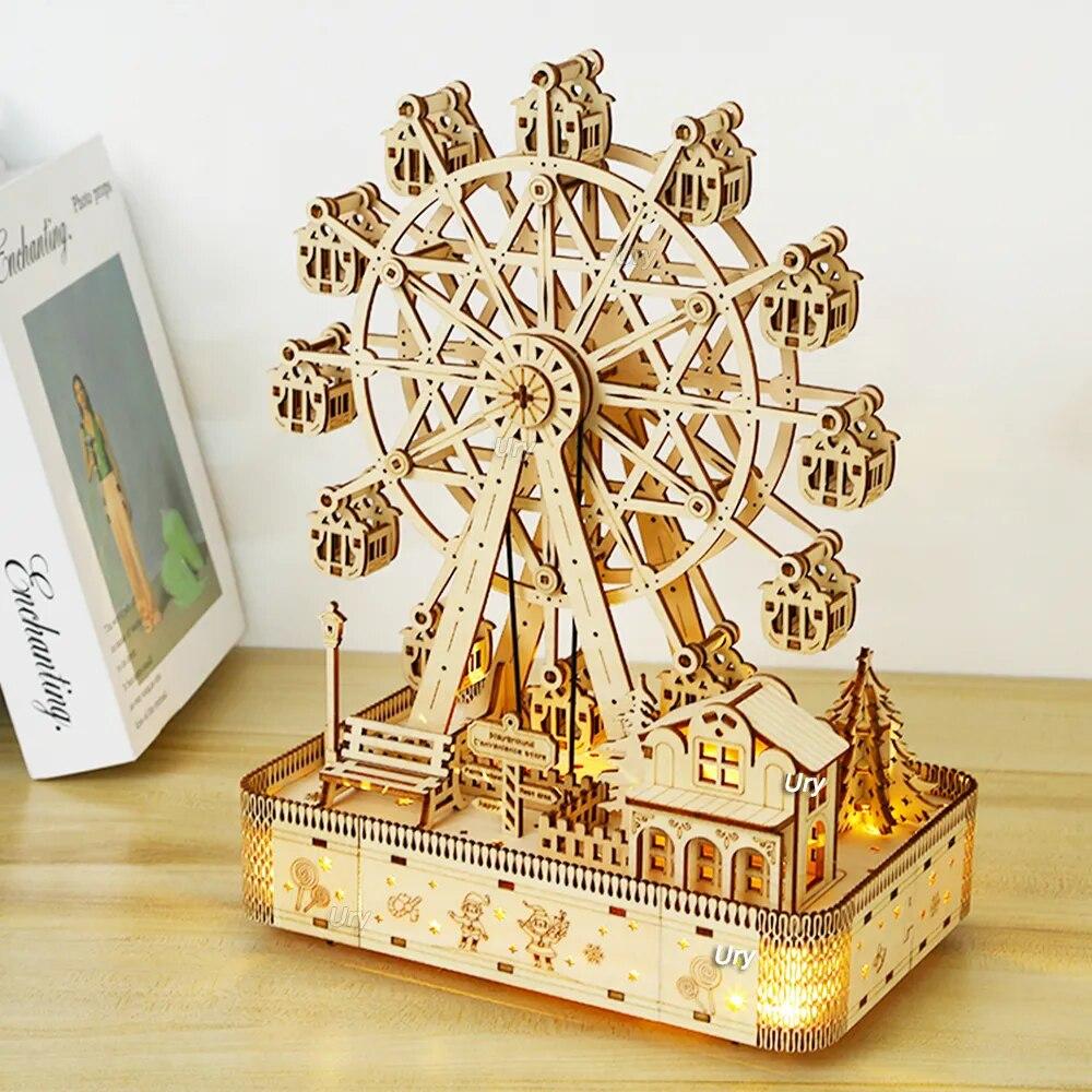 3D Holz Puzzles Led Drehbare Riesenrad Musik Oktave Box Modell Mechanische Kit Montage Decor DIY Spielzeug Geschenk für Kind erwachsene hellbraun