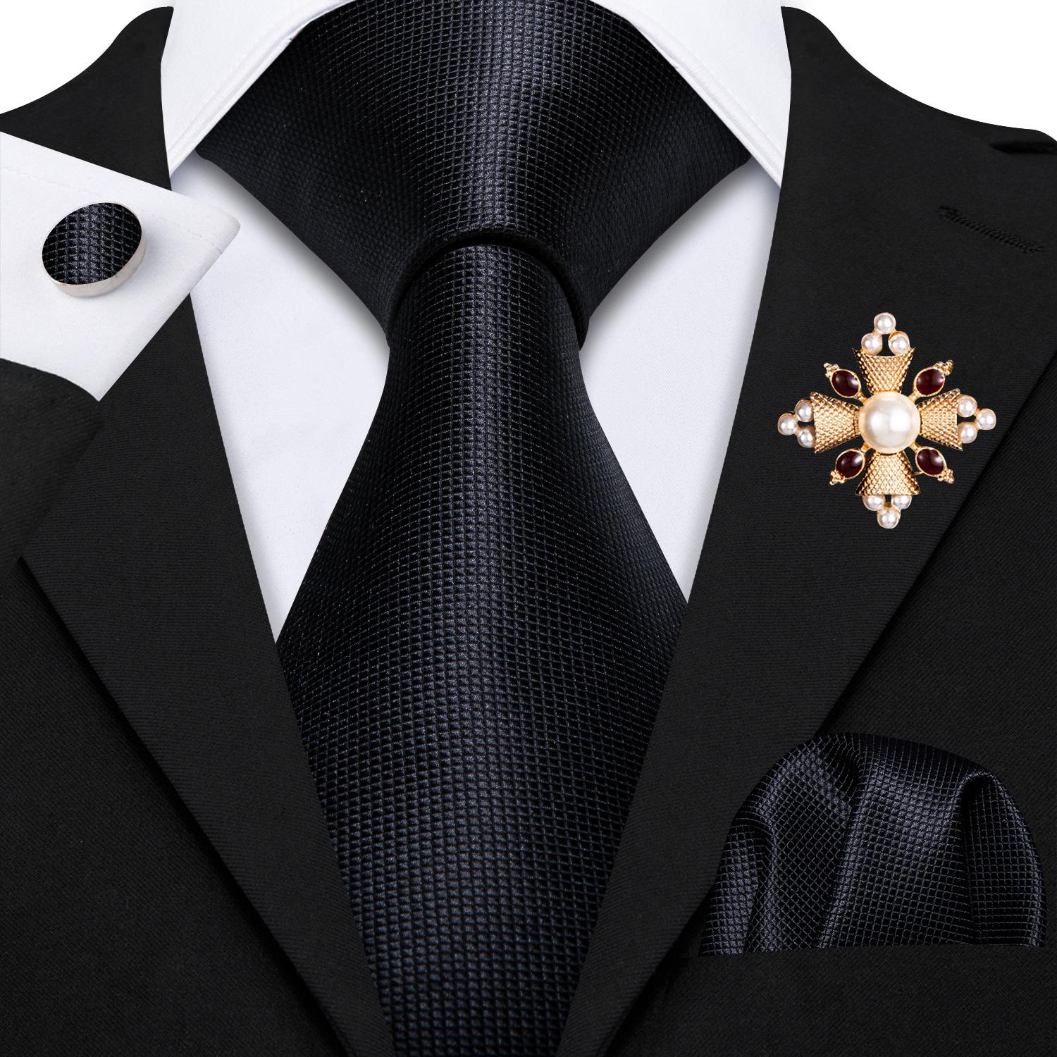 Perlenbrosche mit Krawatte für Herren, gestreift, Gold, Schwarz, Krawatte, Einstecktuch, Manschettenknöpfe, Geschenk, formelles Set N-0251