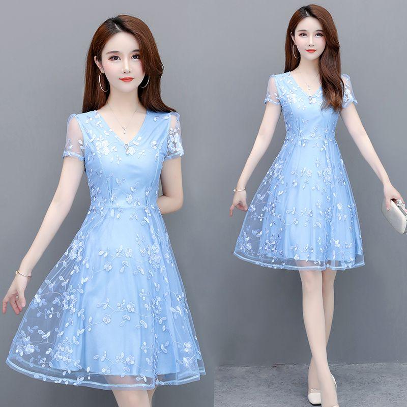 Mode Kleid Bestickt Blumen Kleid Fee Kleid Mittellangen Junge Schöne Mode Frauen Rock XL himmelblaue