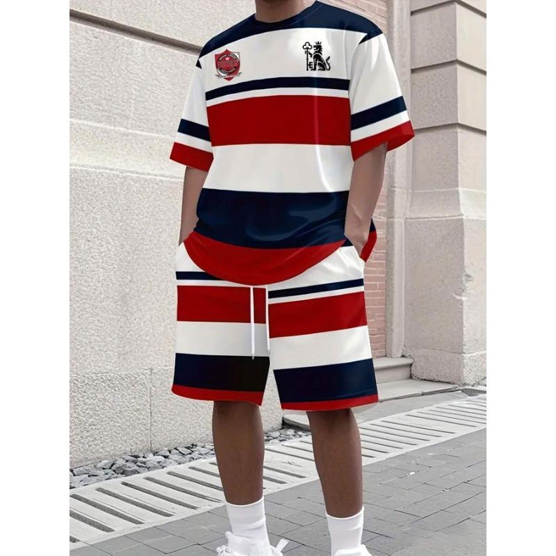 Sommer Outdoor Street Fashion Herren 3D Gestreiftes Bedrucktes T-Shirt Täglich Lässig Herren Sporthose T-Shirt Kordelzugshorts Herrenanzug XL