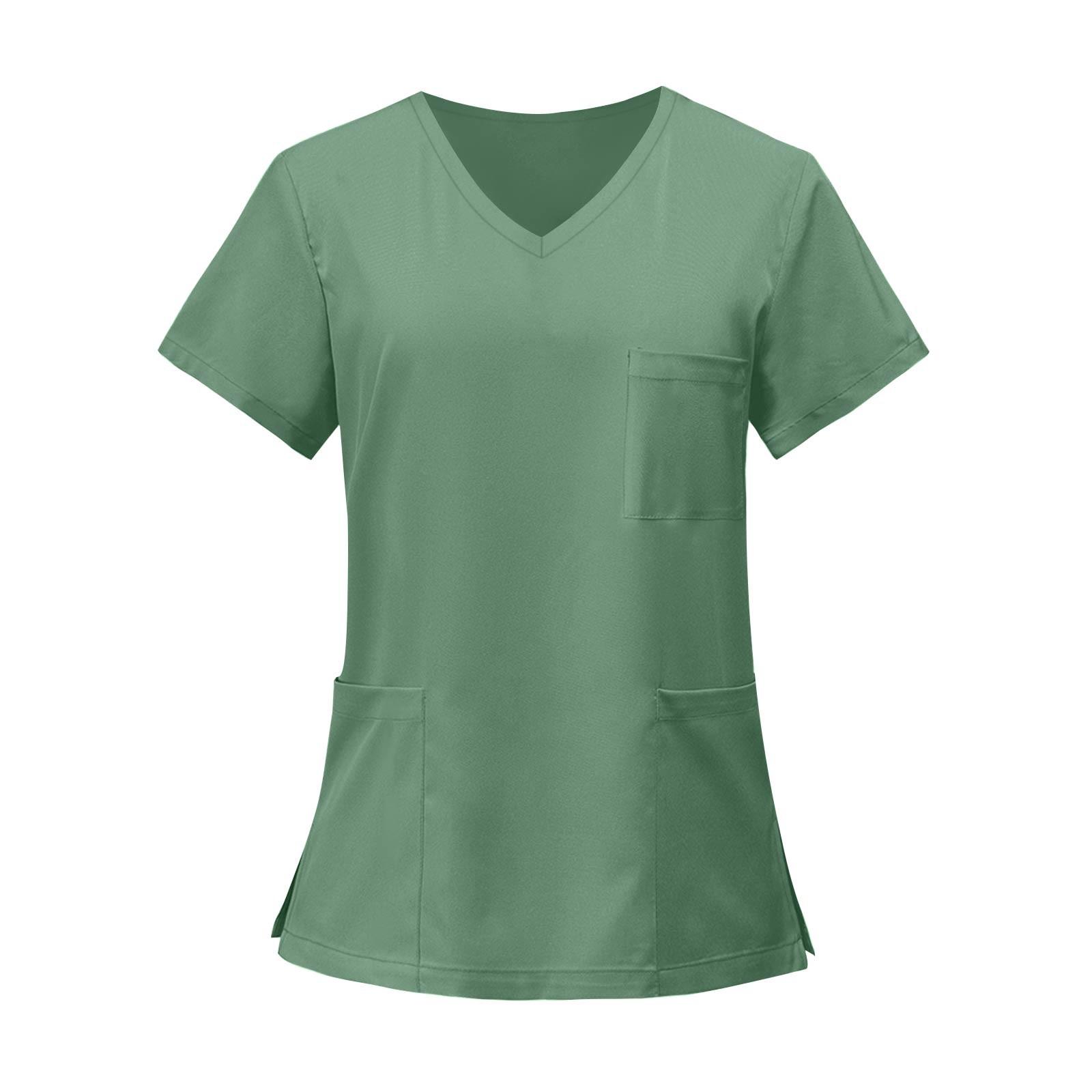 Damen V-Ausschnitt Kasack Kurzarm Einfarbig Uniformhemd Mit Mehreren Taschen Für Medizinische Zahnärztliche Klinik Arbeitskleidung S grün