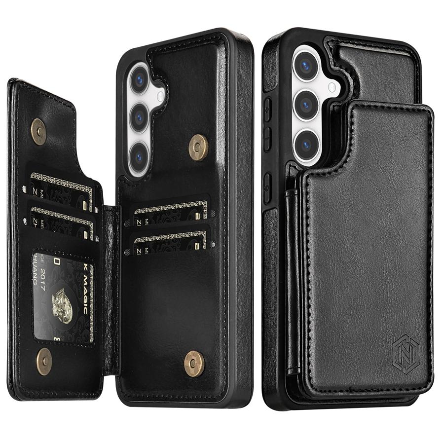 Brieftasche, einfarbig, magnetische Doppelschnalle, RFID-Sperrkarte, Ledertasche für Samsung Galaxy S24 Ultra S23 FE S22 Plus S21 S20 Samsung S21 FE schwarz