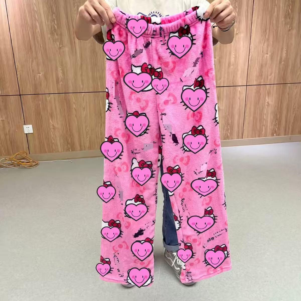 Damen Hello Kitty Halloween Flanell Schlafhose - Dick, gemütlich und mit Samt gefüttert für Herbst und Winter M