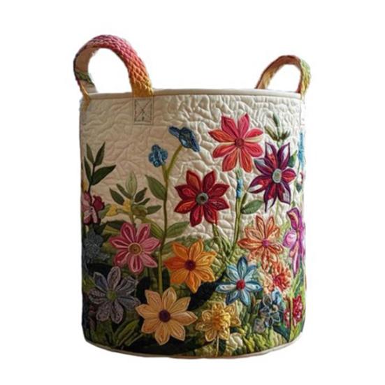 Gesteppter Wäschekorb Stoff Blumenmuster Aufbewahrungskorb mit Griffen Boho Kleiderkorb für Wäsche Kinderzimmer Schlafzimmer Kleidung Kinderspielzeug D gray