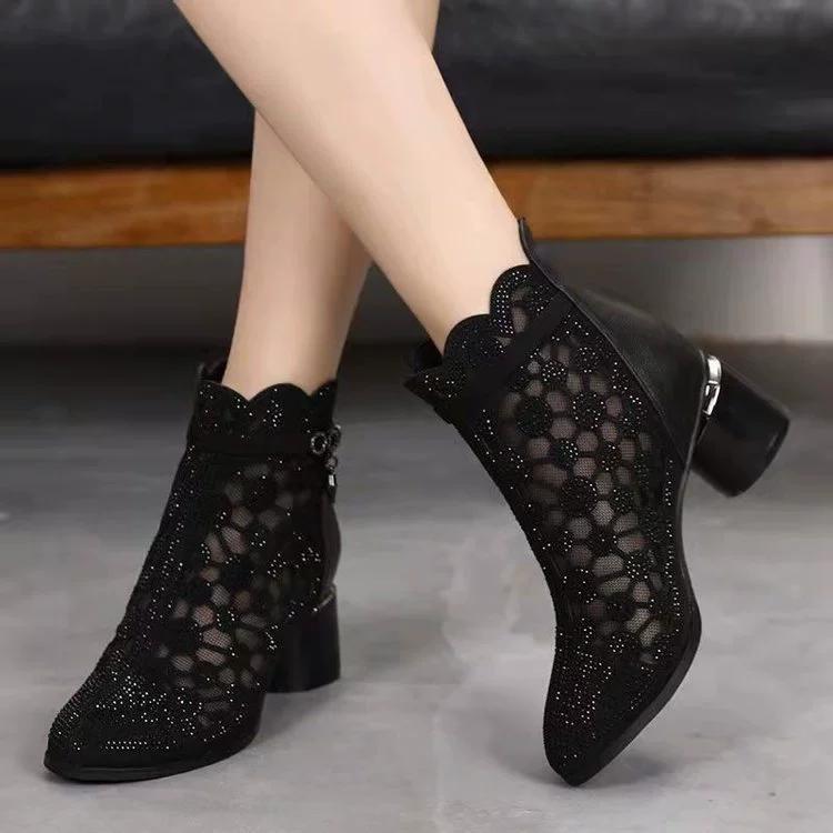 Damen Frühling und Sommer Ausgehöhlte Mesh-Stiefel Atmungsaktive Mesh-Martin-Stiefel Vielseitige kurze Stiefel mit hohen Absätzen 41 schwarz
