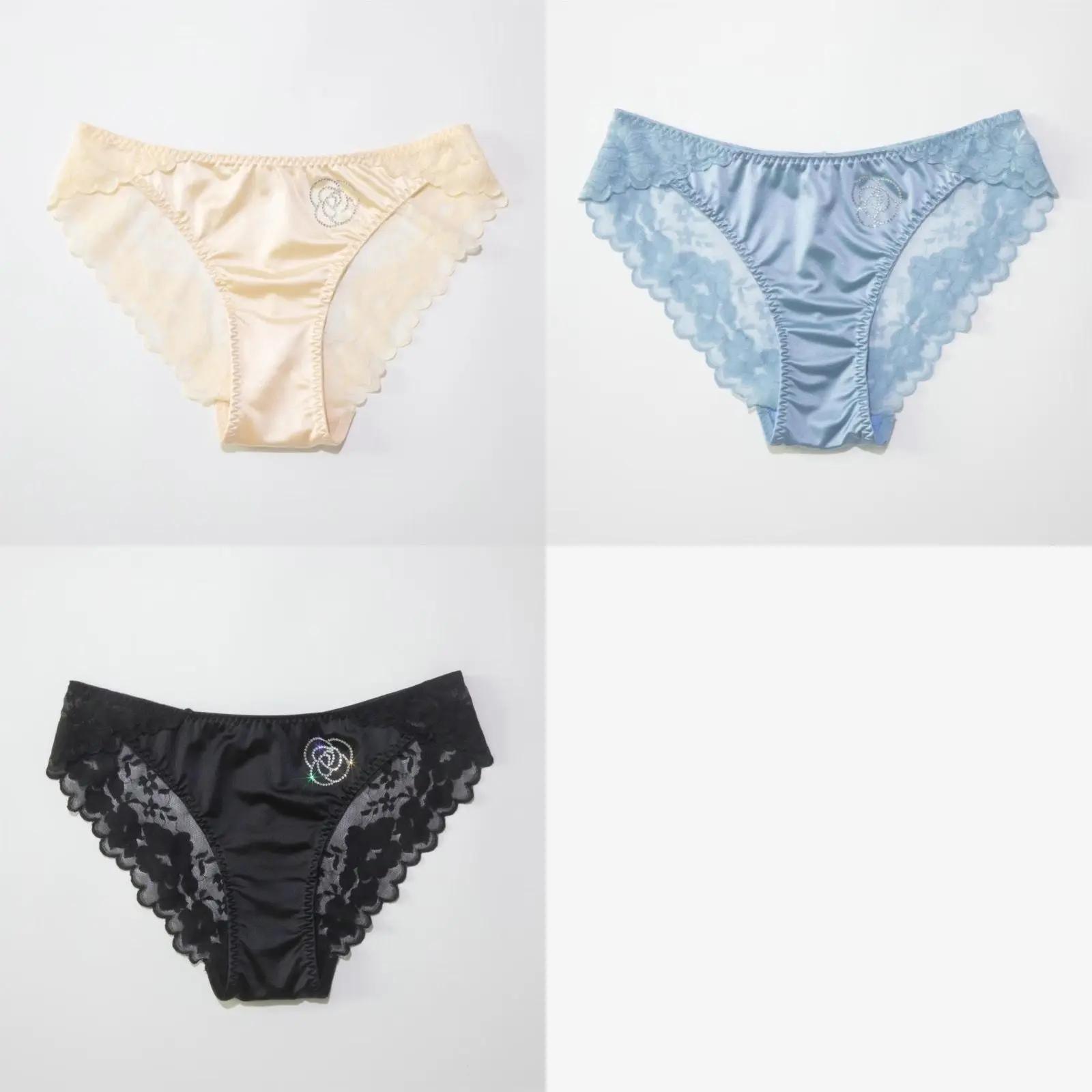 Französische Kamelienblüten-Höschen mit mittlerer Taille, Damenunterwäsche aus Spitze, sexy, atmungsaktiv, bequem, große Größe, hochelastischer Satin-Slip L 48-60KG&3pcs