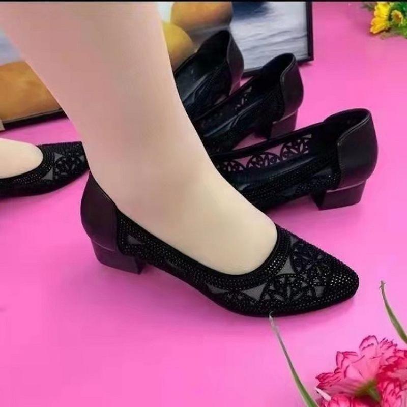 Frühling Sommer Weiches Leder Damen Schuhe Mittelhoher Absatz Atmungsaktiv Einzelne Schuhe Damen Strass Tanzschuhe Mama Schuhe Mesh Leder 40 schwarz
