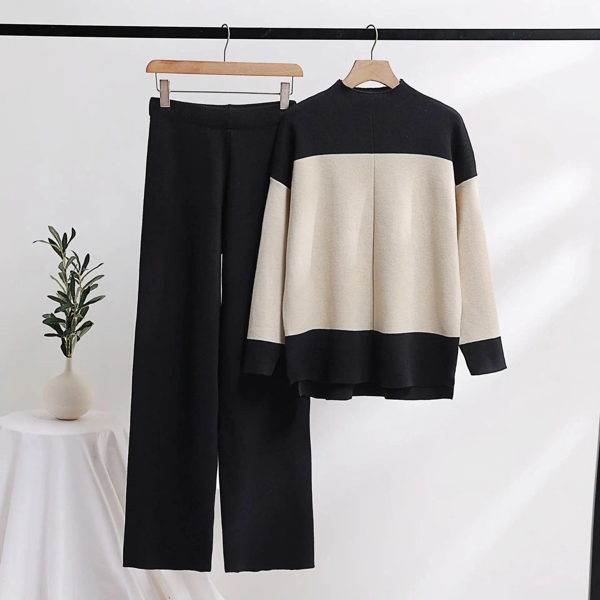 Frauen Pullover Anzüge Pullover Hose Set Casual OL Farbe Kontrast Gestreiften Herbst Winter Gestrickte Lose Eleganz Tops Elastische L schwarz