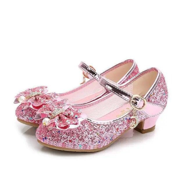 Prinzessin Schmetterling Leder Schuhe Kinder Diamant Bowknot High Heel Kinder Mädchen Tanzen Glitter Schuhe Mode Mädchen Party Tanz Schuh 28 rosa
