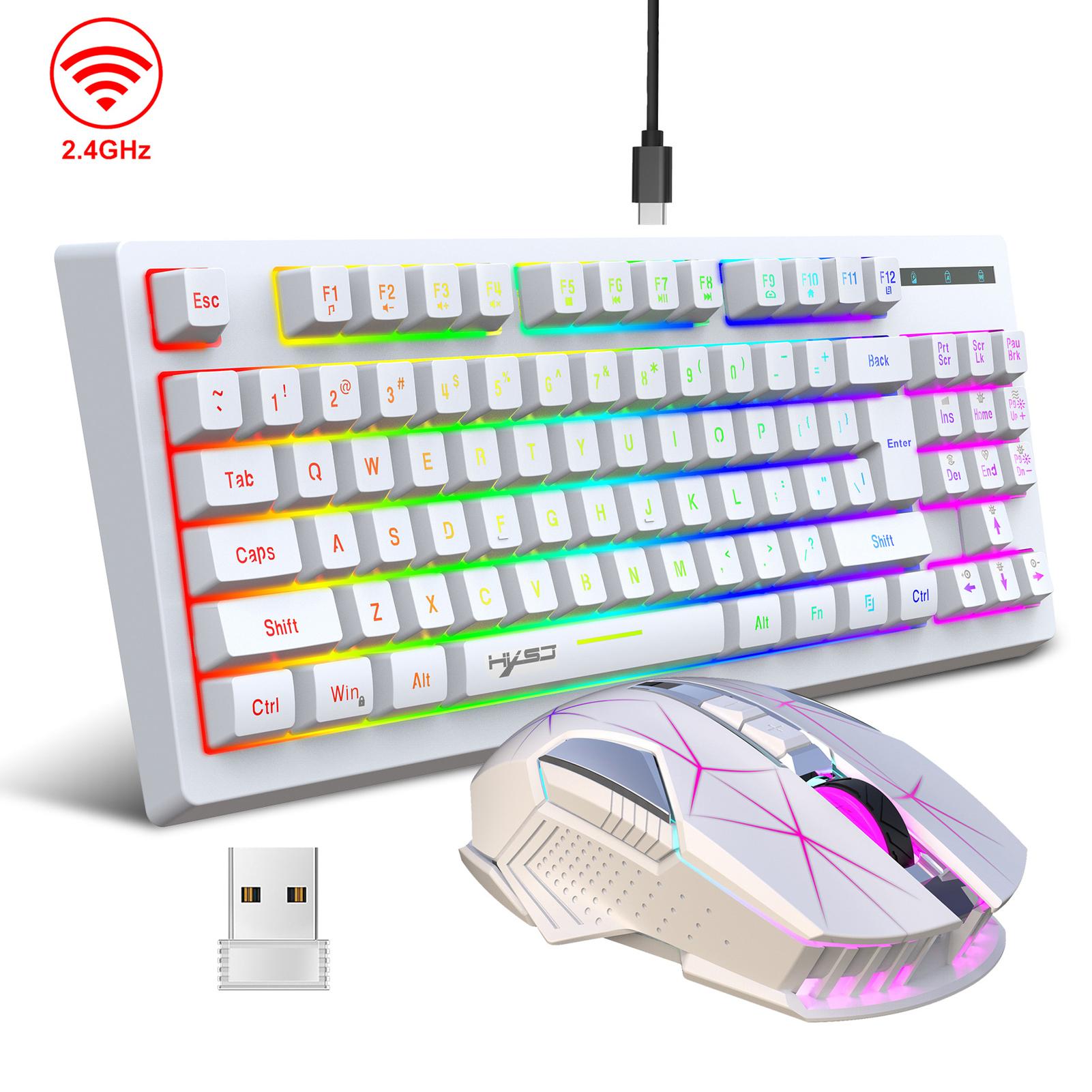 Kabelloses Tastatur- und Maus-Set, 2,4 G, bunte Tastatur mit Hintergrundbeleuchtung, BT, kabellos, für Büro und Gaming weiß