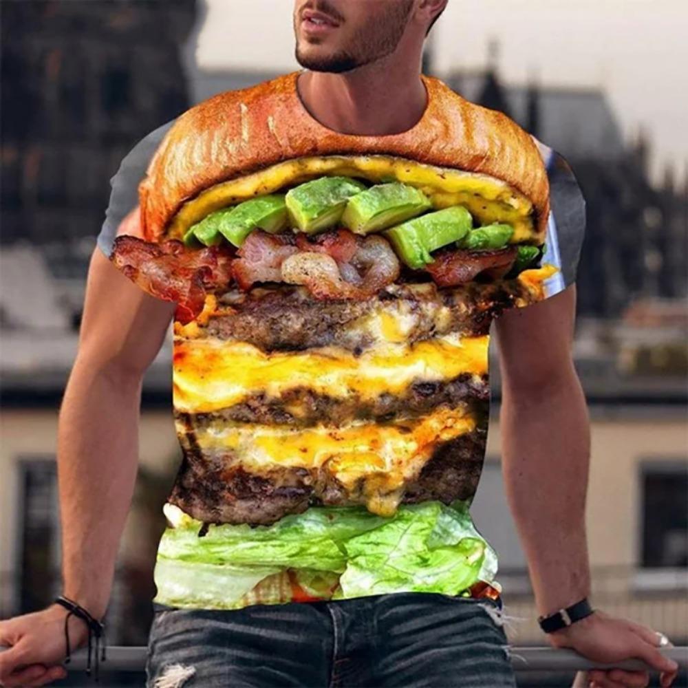 Lustige T-Shirts Hamburger Essen 3D-Druck Streetwear Herrenmode Übergroß Kurzarm T-Shirt Tees Tops Herrenbekleidung 6XL
