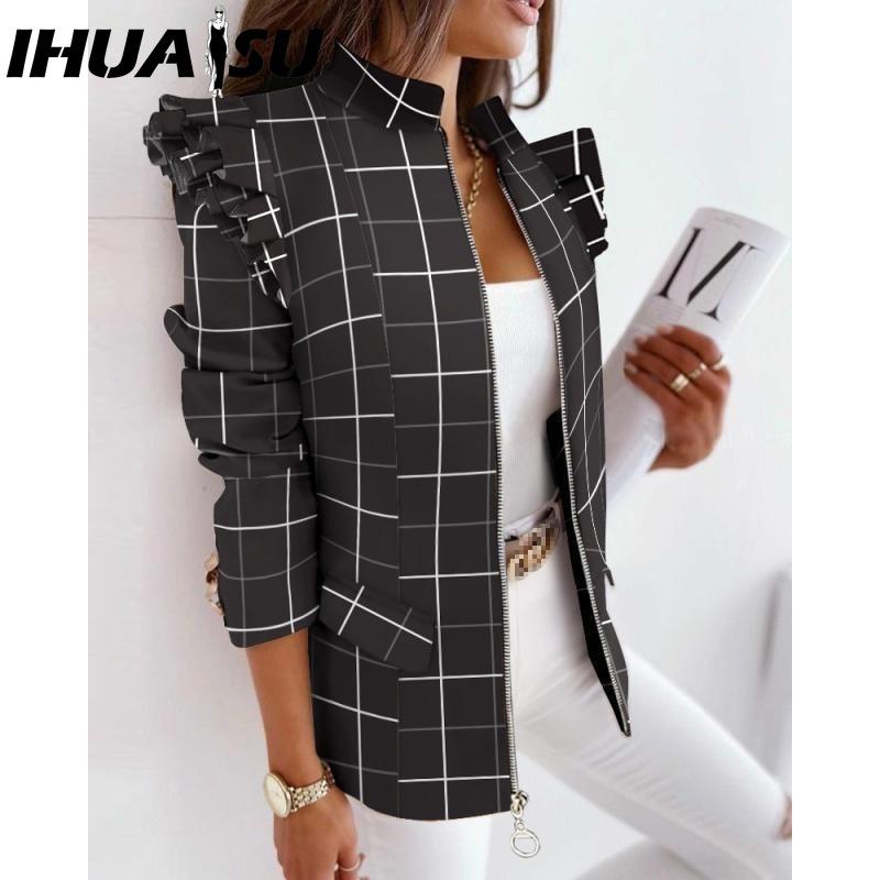IHUASU Damen Vintage Lässig kariert Herbst Winter Langarm Jacken & Mäntel XXL