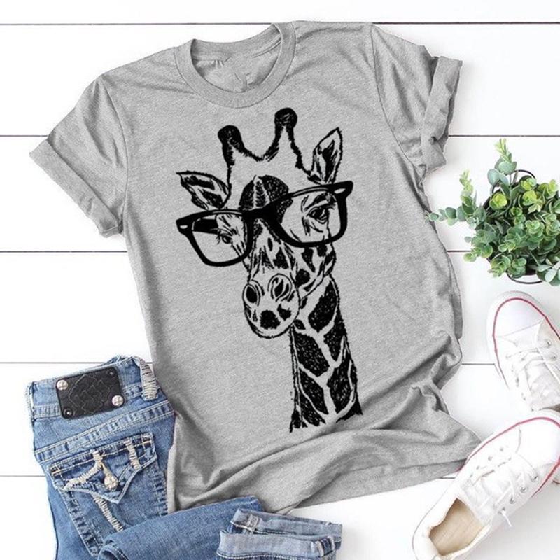 Damenmode Rundhals-Kurzarm-T-Shirt mit Giraffen-Print Sommer-Casual-T-Shirt in Übergröße L grau