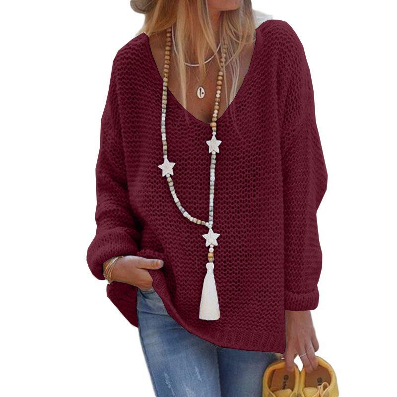 Herbst und Winter Damen Pullover Strickwaren V-Ausschnitt Langarm Strickoberteile Pullover XL bordeaux