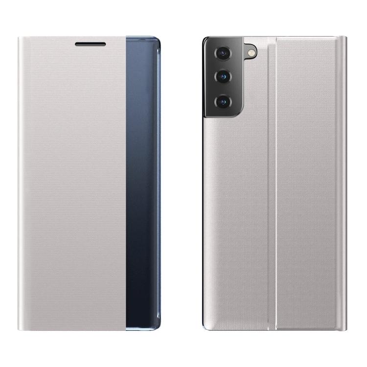 Für Samsung Galaxy S21 FE Einfache Textur Stoff Anziehung Klapphalter Leder Handyhülle For Galaxy S21 FE silber