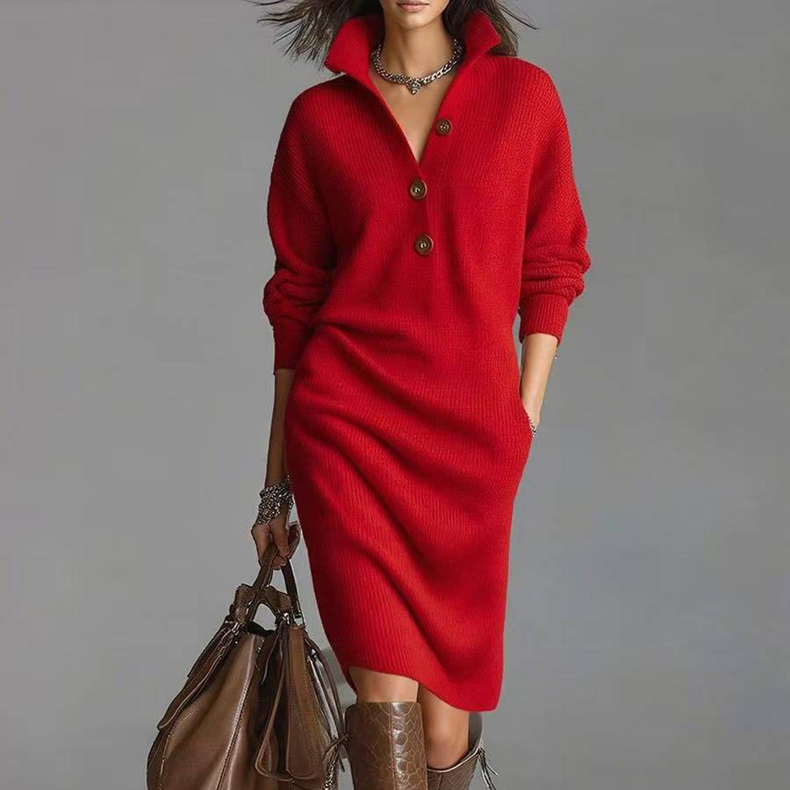 Damenkleid, Knielanges Strickkleid, Langes, lockeres Strickkleid in Unifarbe XXL rot