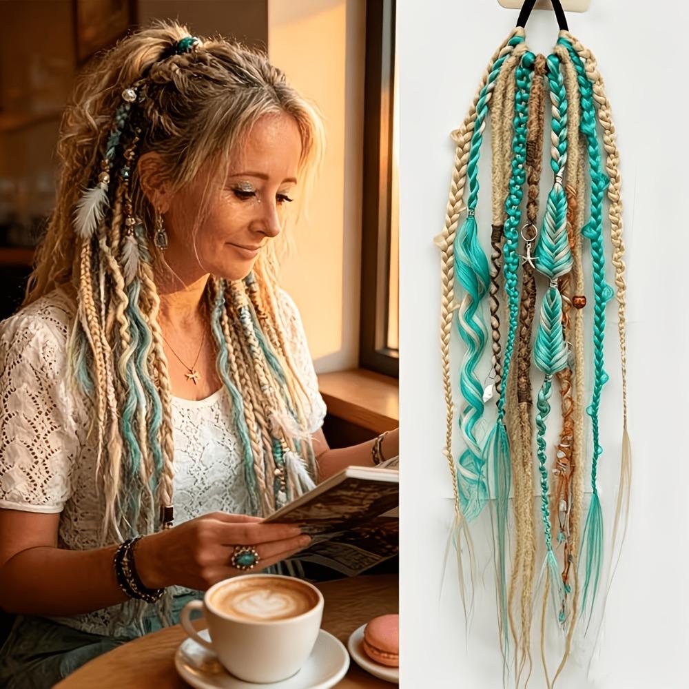 Ombre texturierter Dreadlock-Pferdeschwanz 24 Zoll Twist-Zopf Haarteil Boho geflochtene Perücken für Damen blau